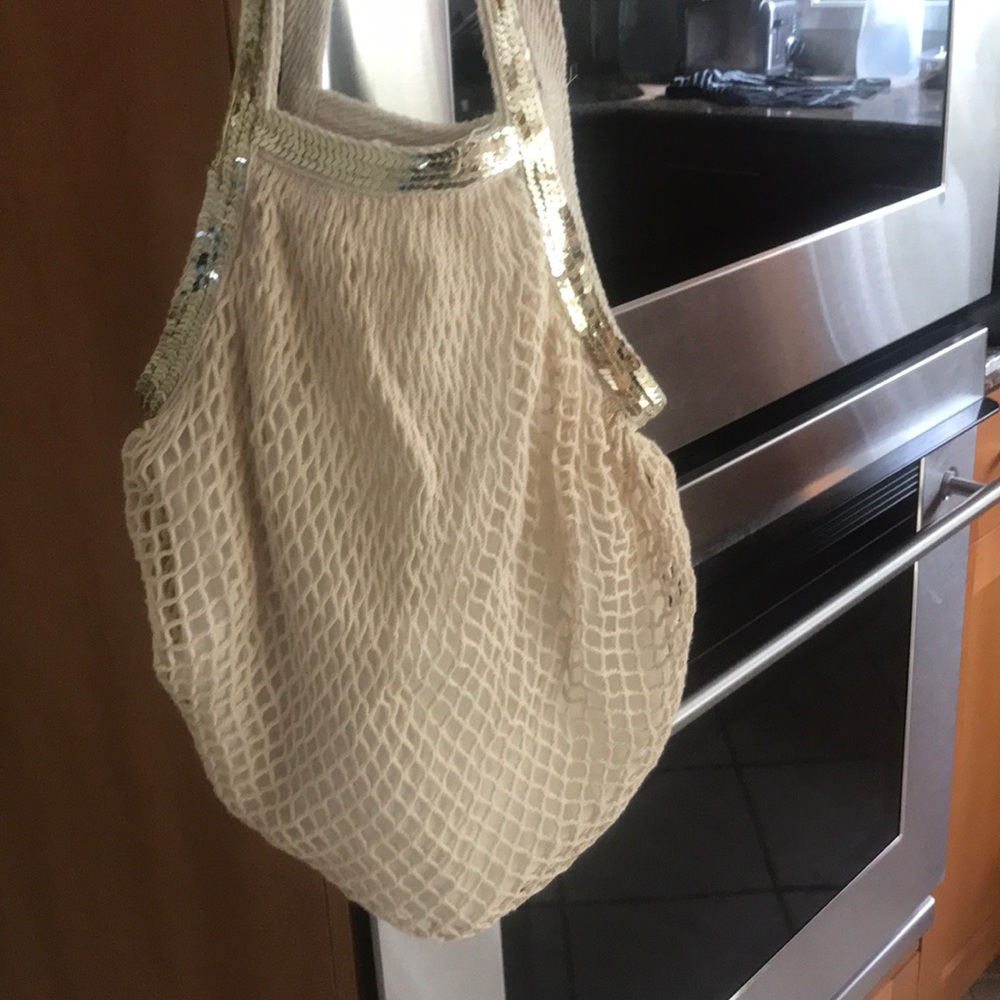 Macrame silver sequin lined tote bag